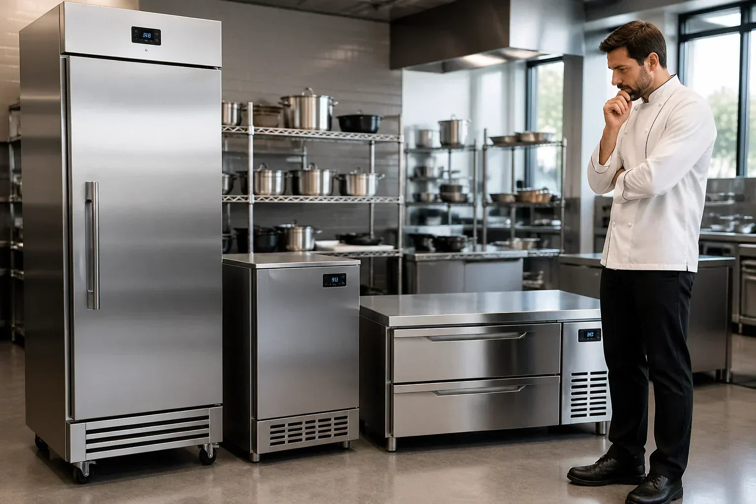 chef looking upright refgrigerator, undercounter freezer and chef base refrigerator