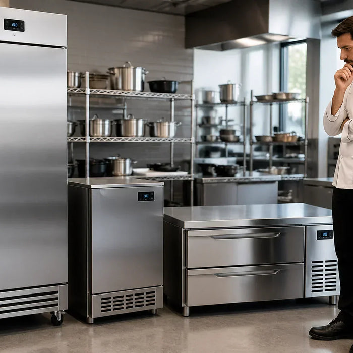 chef looking upright refgrigerator, undercounter freezer and chef base refrigerator