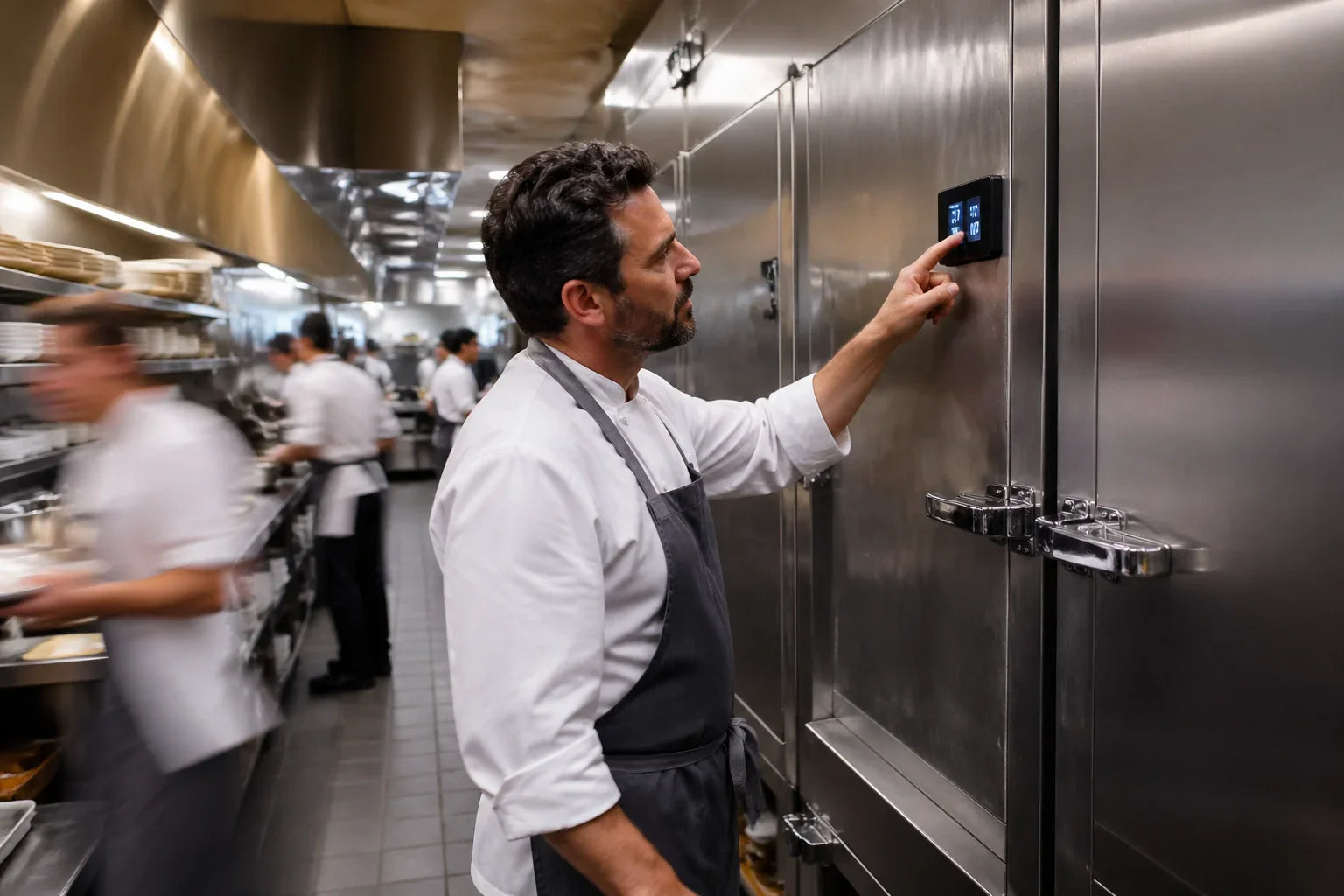  professional chef in a high-volume kitchen intently checks the digital temperature display on a large, industrial modular refrigerator-freezer combo unit during a busy service shift