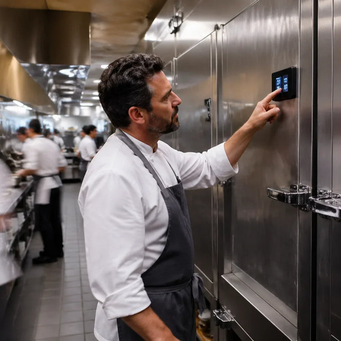  professional chef in a high-volume kitchen intently checks the digital temperature display on a large, industrial modular refrigerator-freezer combo unit during a busy service shift