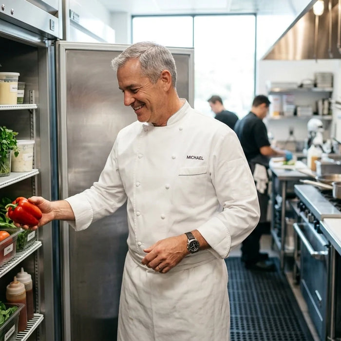 Chef interacting with professional kitchen equipment