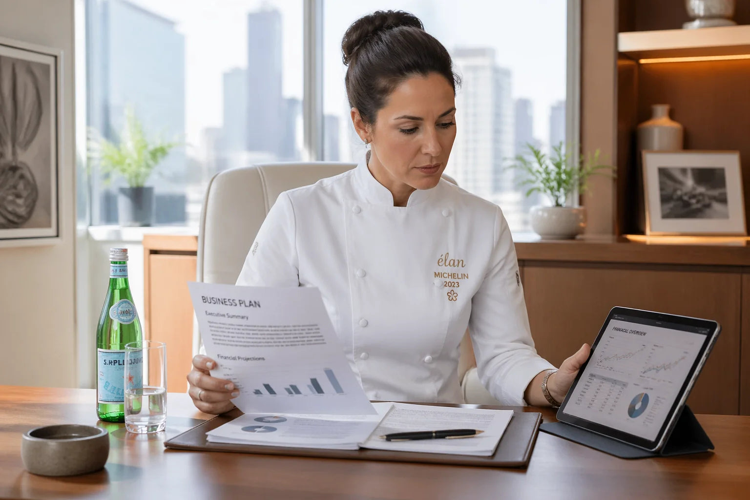 Chef in a luxury, modern restaurant office, intensely reviewing a printed business plan and a digital tablet displaying financial growth charts.