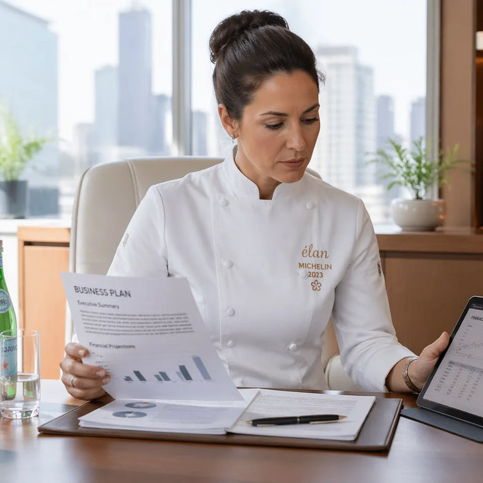 Chef in a luxury, modern restaurant office, intensely reviewing a printed business plan and a digital tablet displaying financial growth charts.