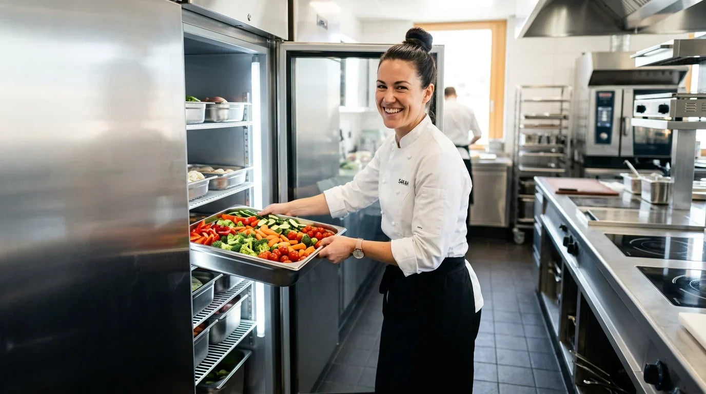 A professional chef in a clean, modern commercial kitchen environment reaching into a high-end, single-door stainless steel commercial reach-in refrigerator for fresh produce