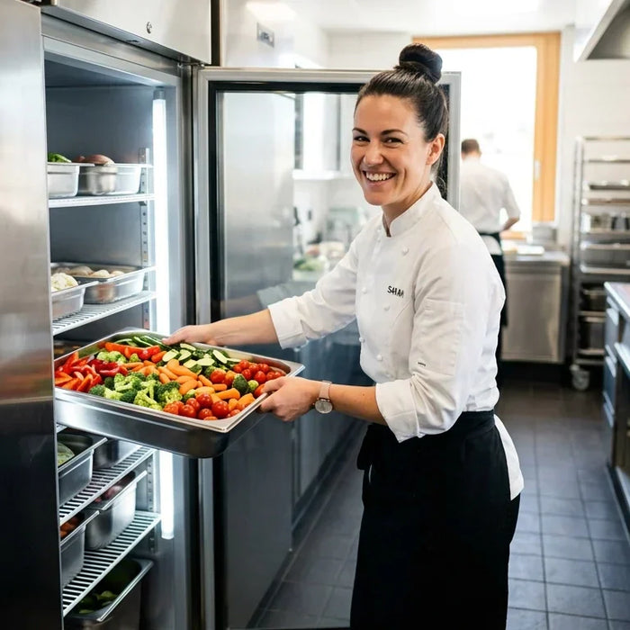 A professional chef in a clean, modern commercial kitchen environment reaching into a high-end, single-door stainless steel commercial reach-in refrigerator for fresh produce