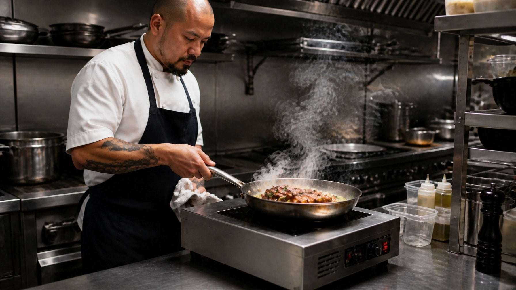 A professional chef searing a steak in a stainless steel skillet on a single-burner countertop commercial induction hot plate in a stainless steel restaurant kitchen