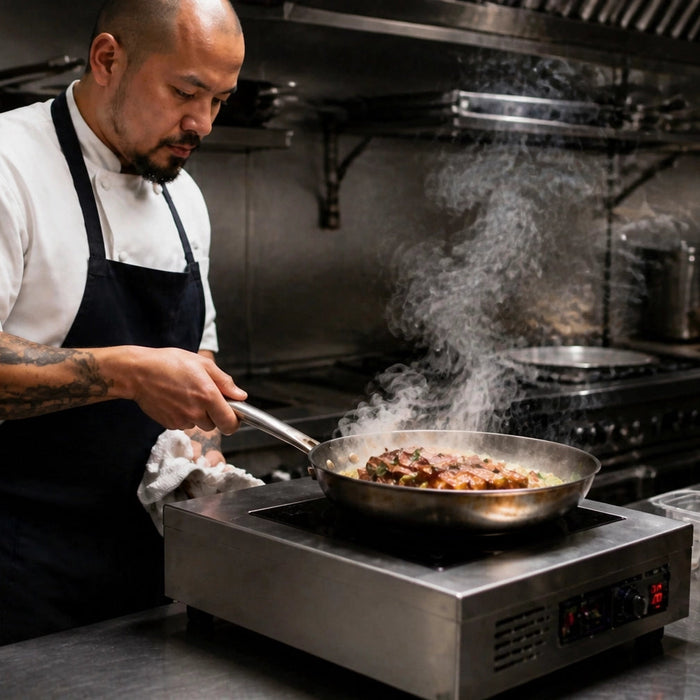 A professional chef searing a steak in a stainless steel skillet on a single-burner countertop commercial induction hot plate in a stainless steel restaurant kitchen