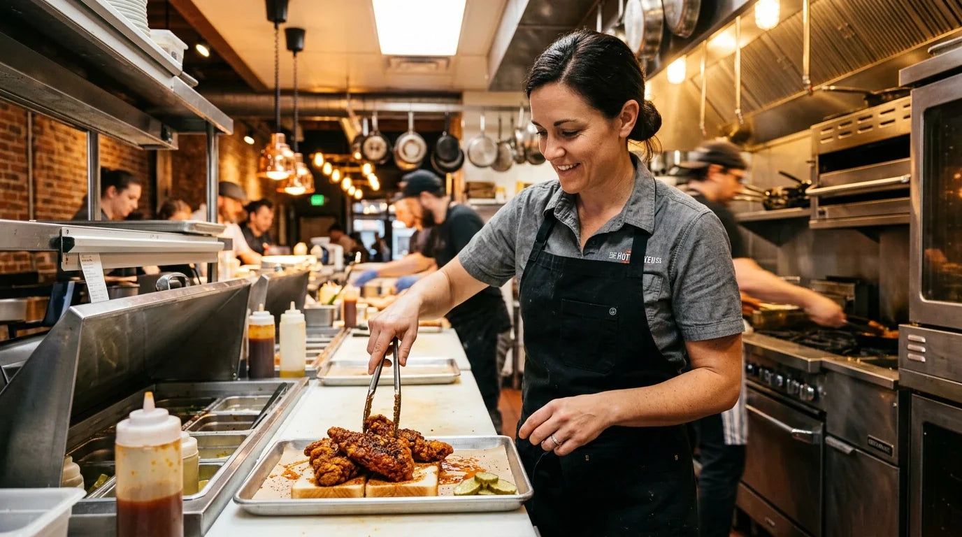 A professional chef in a vibrant Nashville commercial kitchen preparing Nashville hot chicken