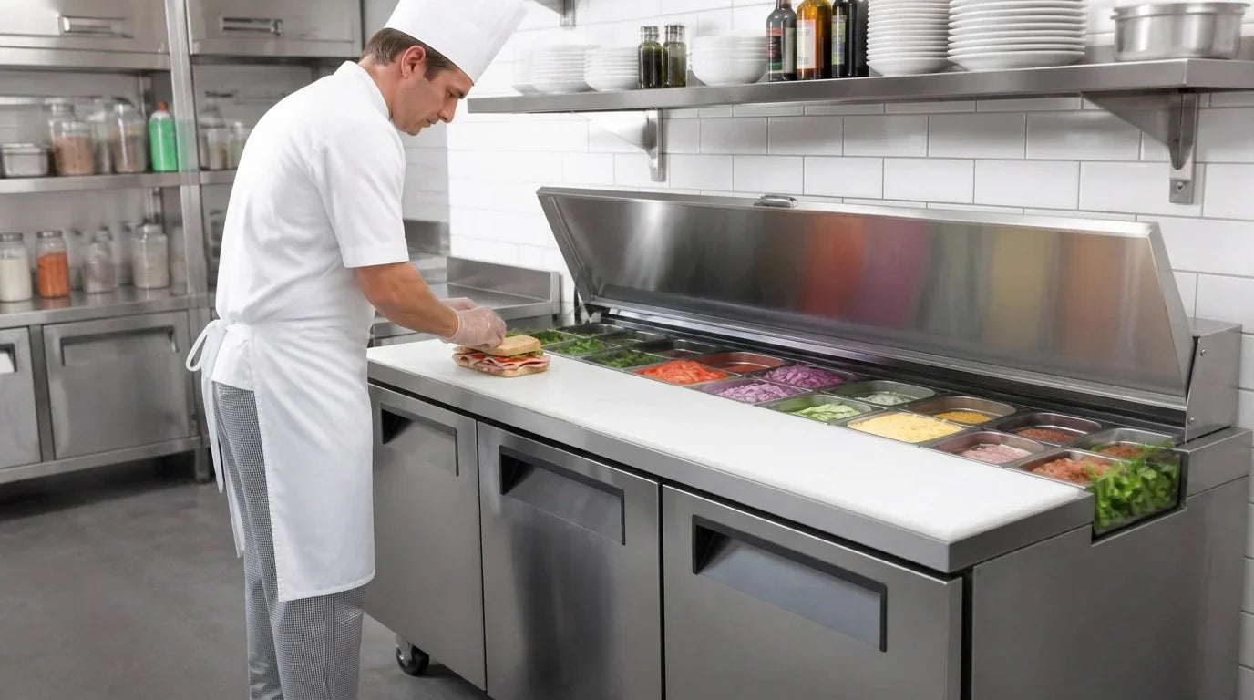 tosa sandwich prep table lineup — 27, 36, 48, 60, and 72 inch MSF series with stainless steel exterior and refrigerated base