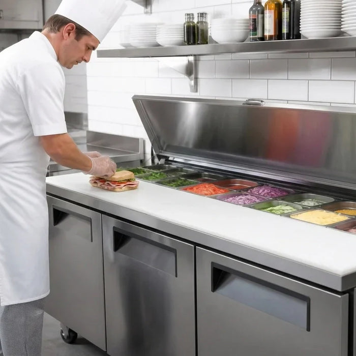 tosa sandwich prep table lineup — 27, 36, 48, 60, and 72 inch MSF series with stainless steel exterior and refrigerated base