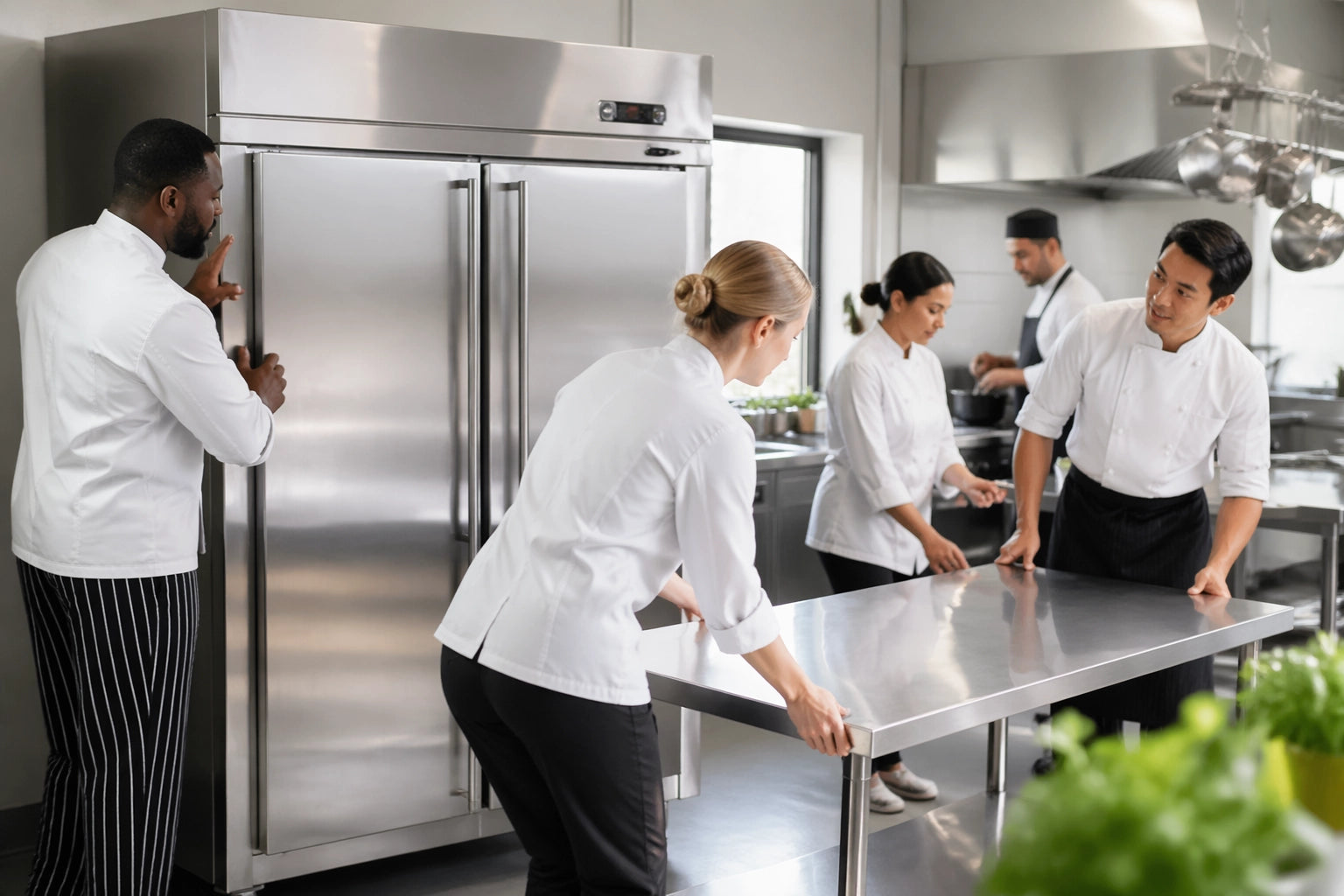 Chefs setting up high-performance equipment in a professional space.