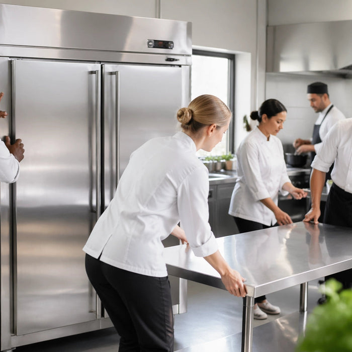 Chefs setting up high-performance equipment in a professional space.