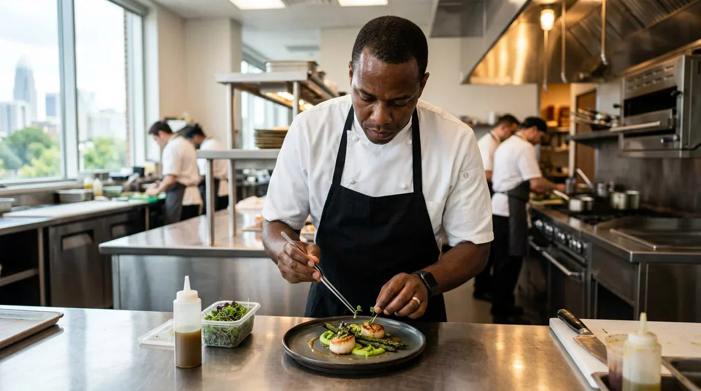 A professional chef in a clean white uniform plating a dish in a modern Charlotte commercial kitchen