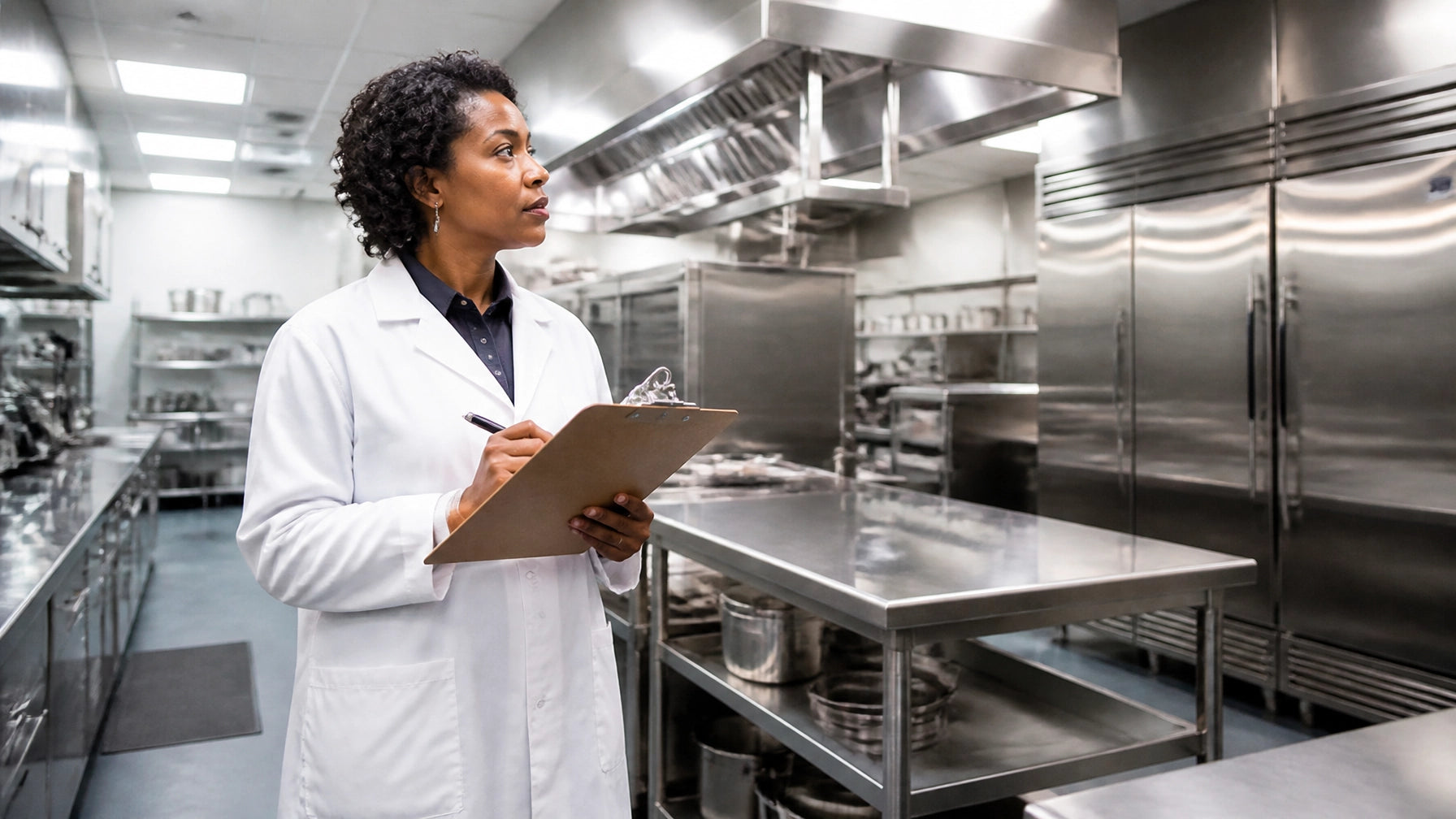 Professional health inspector conducting an inspection in a clean stainless steel commercial kitchen
