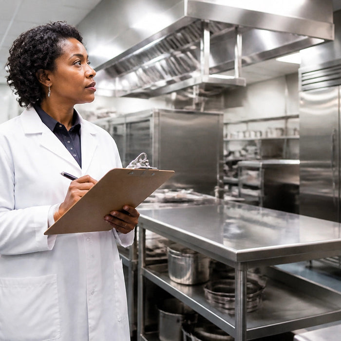 Professional health inspector conducting an inspection in a clean stainless steel commercial kitchen