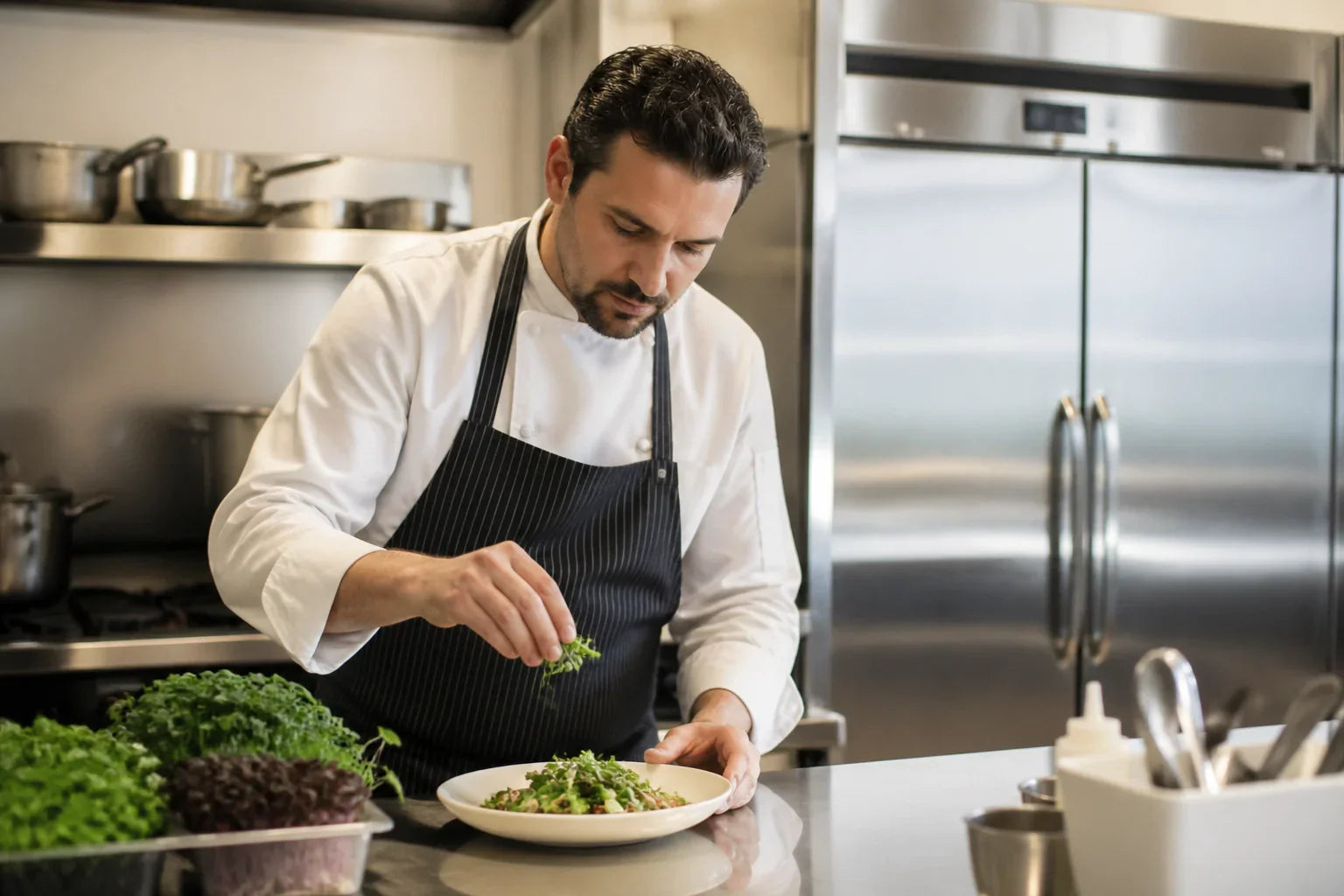Chef working in a busy commercial kitchen with a high-quality two-door stainless steel refrigerator in the background