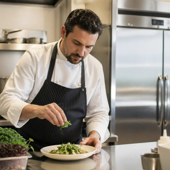 Chef working in a busy commercial kitchen with a high-quality two-door stainless steel refrigerator in the background