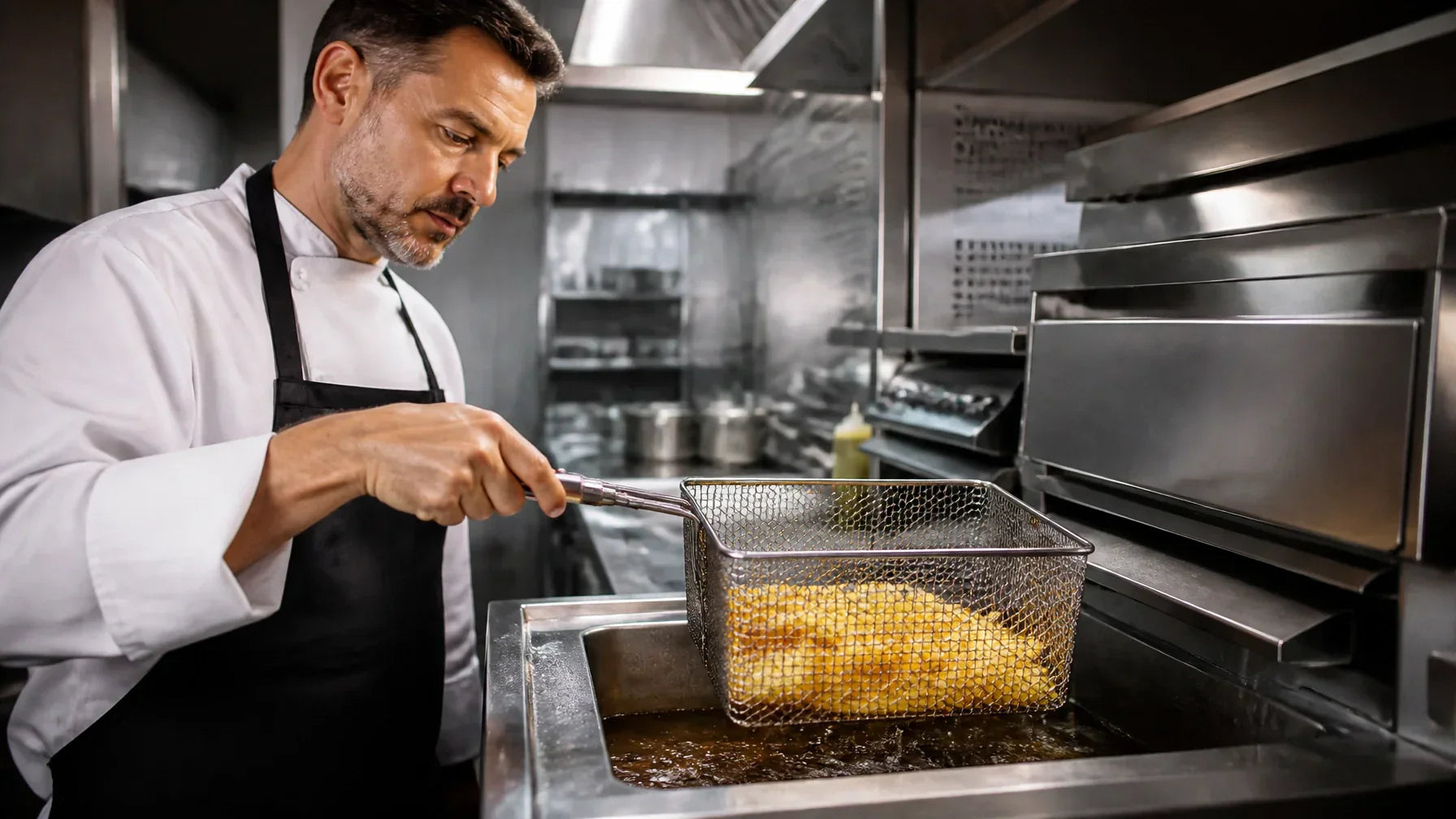 "A focused chef in a stainless steel commercial kitchen environment, using a large propane deep fryer to cook a batch of golden fries.