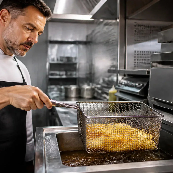 "A focused chef in a stainless steel commercial kitchen environment, using a large propane deep fryer to cook a batch of golden fries.