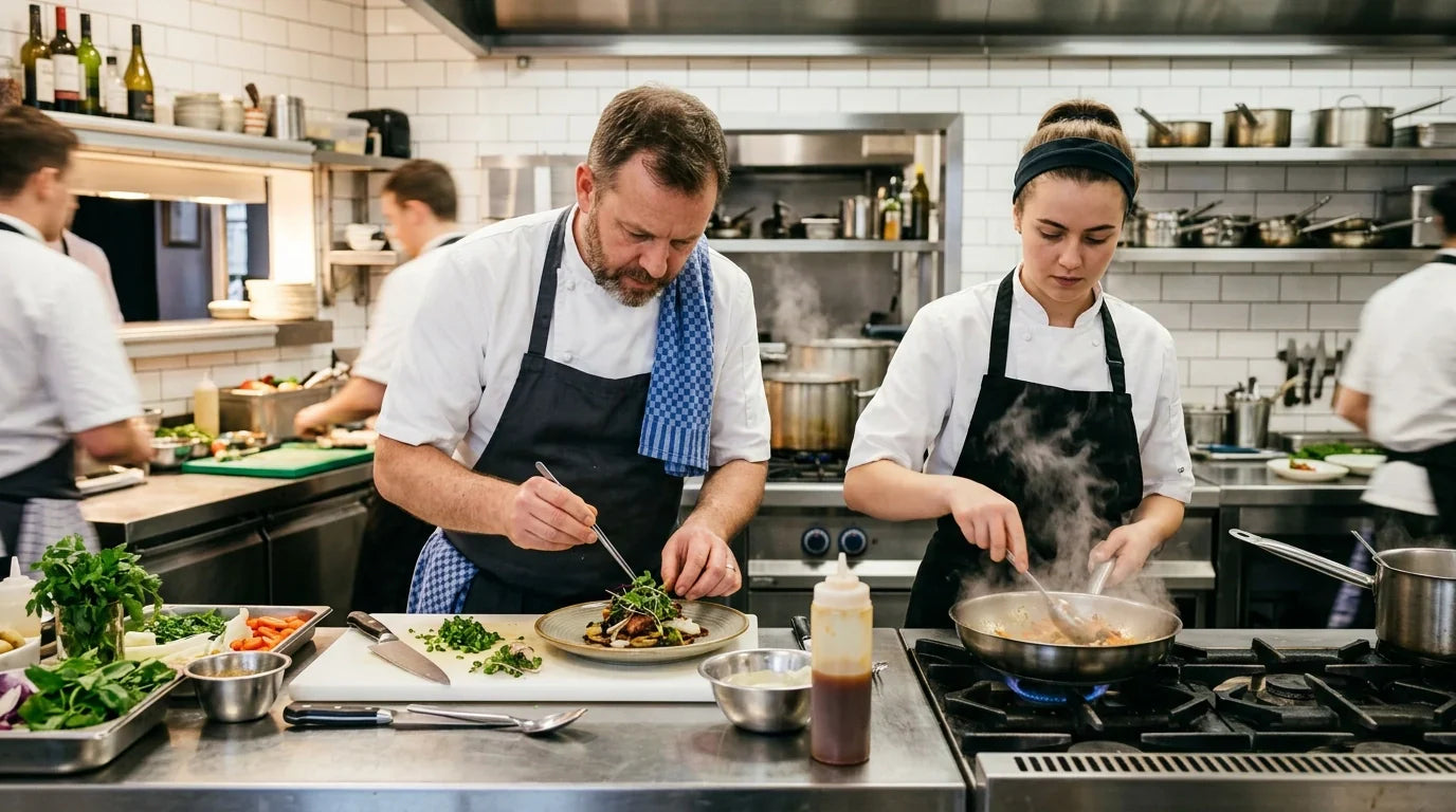 A professional commercial kitchen with a focused head chef and line cook working at a stainless steel prep station
