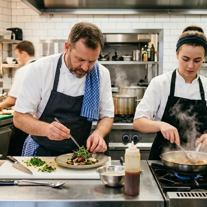 A professional commercial kitchen with a focused head chef and line cook working at a stainless steel prep station
