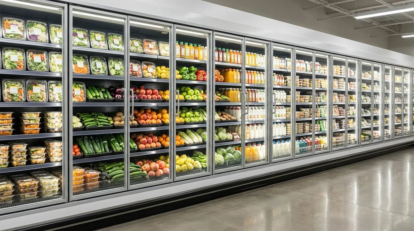 A clean modern grocery store aisle features a long row of glass door commercial refrigerators stocked neatly with chilled products and no people in view