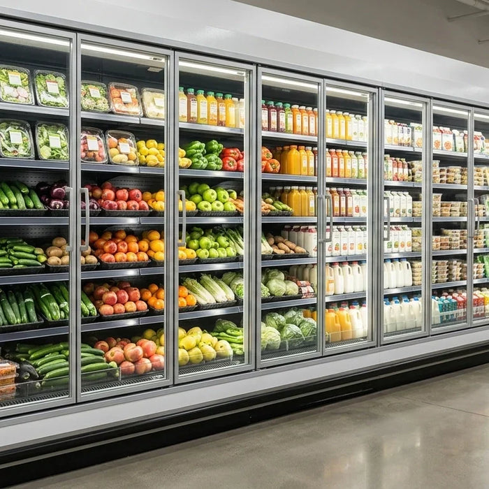 A clean modern grocery store aisle features a long row of glass door commercial refrigerators stocked neatly with chilled products and no people in view