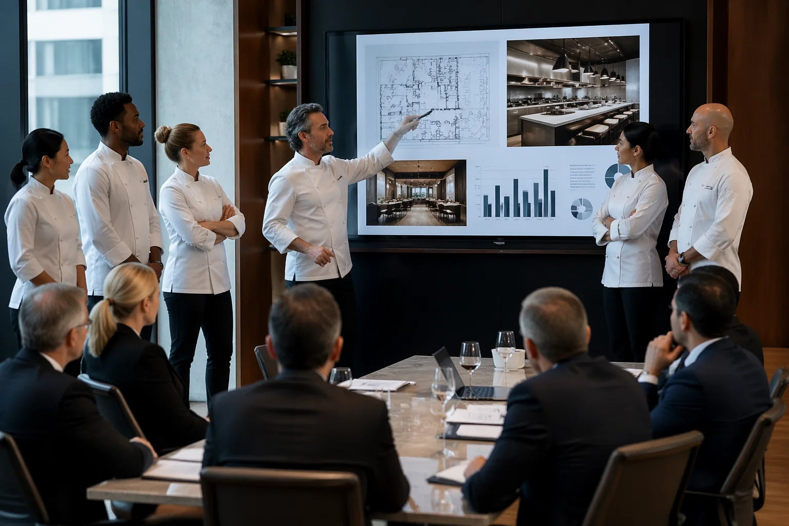 A diverse group of chefs—different ethnicities and ages—in crisp, professional white chef coats stand confidently in a high-end, minimalist boardroom. They are presenting their restaurant concept to a panel of sophisticated investors. 