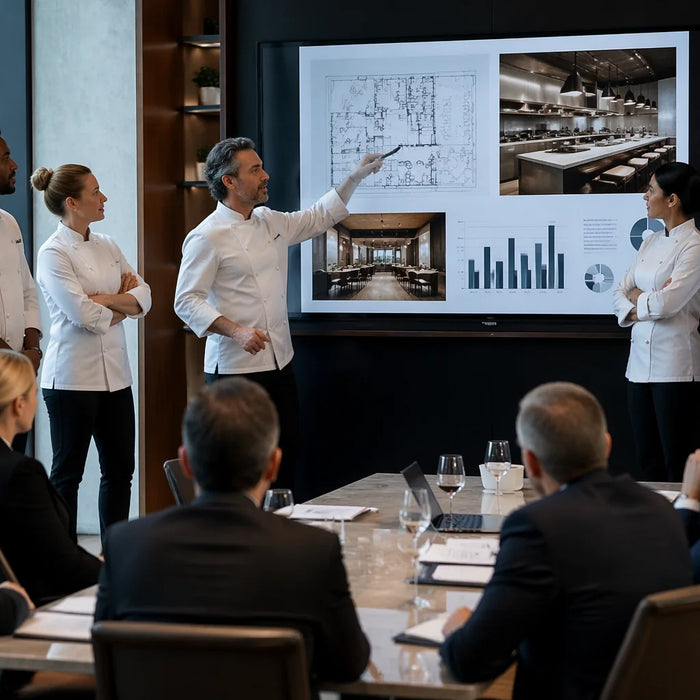 A diverse group of chefs—different ethnicities and ages—in crisp, professional white chef coats stand confidently in a high-end, minimalist boardroom. They are presenting their restaurant concept to a panel of sophisticated investors. 