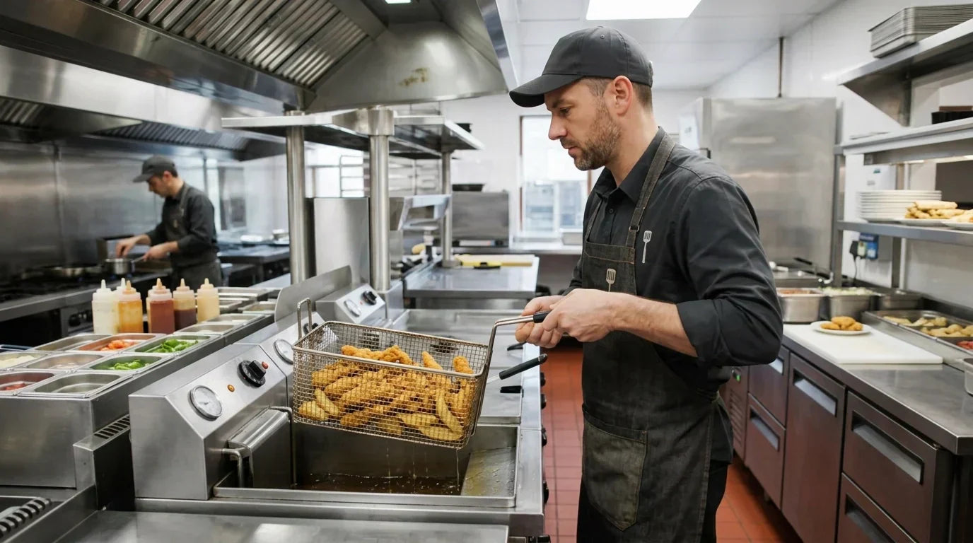 A fast casual restaurant worker in uniform lifts a fryer basket from a stainless steel commercial deep fryer in a clean, busy kitchen.