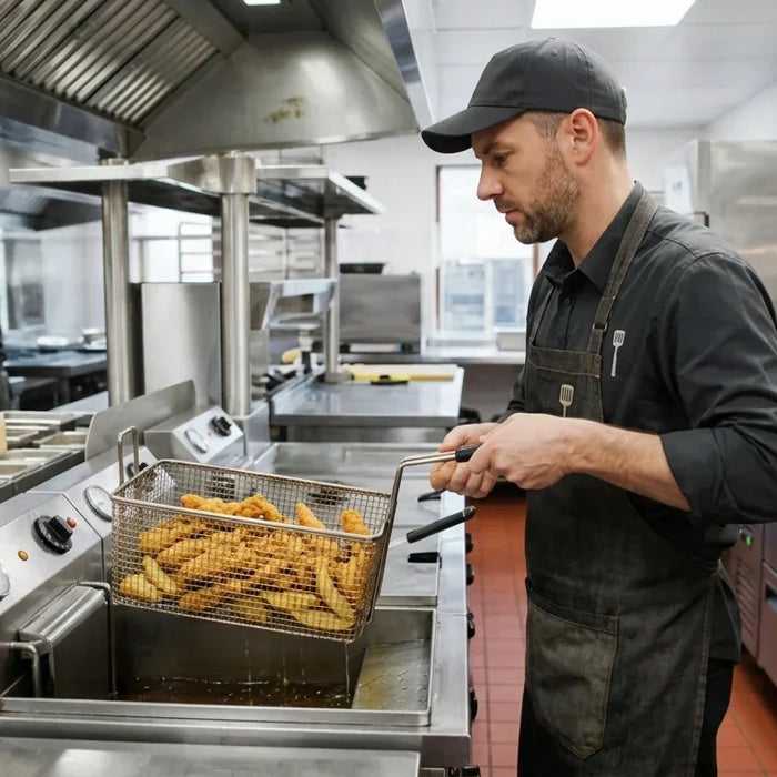A fast casual restaurant worker in uniform lifts a fryer basket from a stainless steel commercial deep fryer in a clean, busy kitchen.