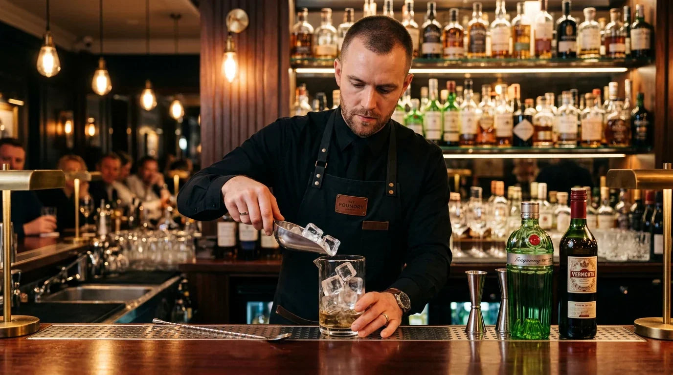 A professional bartender in a clean uniform, focused on crafting a cocktail in a high-end bar setting. They are using a stainless steel scoop to add fresh, crystal-clear ice cubes to a cocktail shaker or a mixing glass
