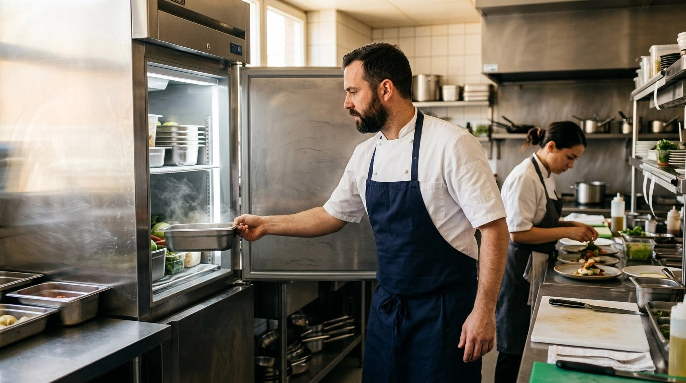 A close-up shot of a busy chef reaching for fresh greens from an commercial fridge, showing how the right equipment keeps the kitchen's rhythm without missing a beat.