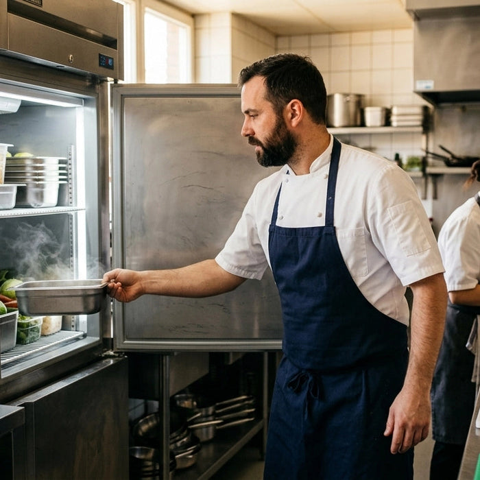 A close-up shot of a busy chef reaching for fresh greens from an commercial fridge, showing how the right equipment keeps the kitchen's rhythm without missing a beat.