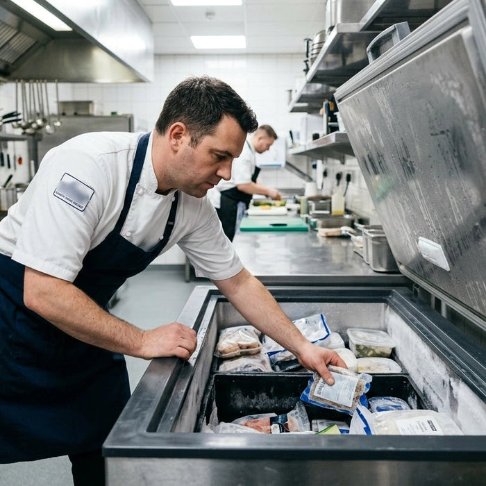 A professional chef reaching into a commercial chest freezer in a clean, organized kitchen setting.
