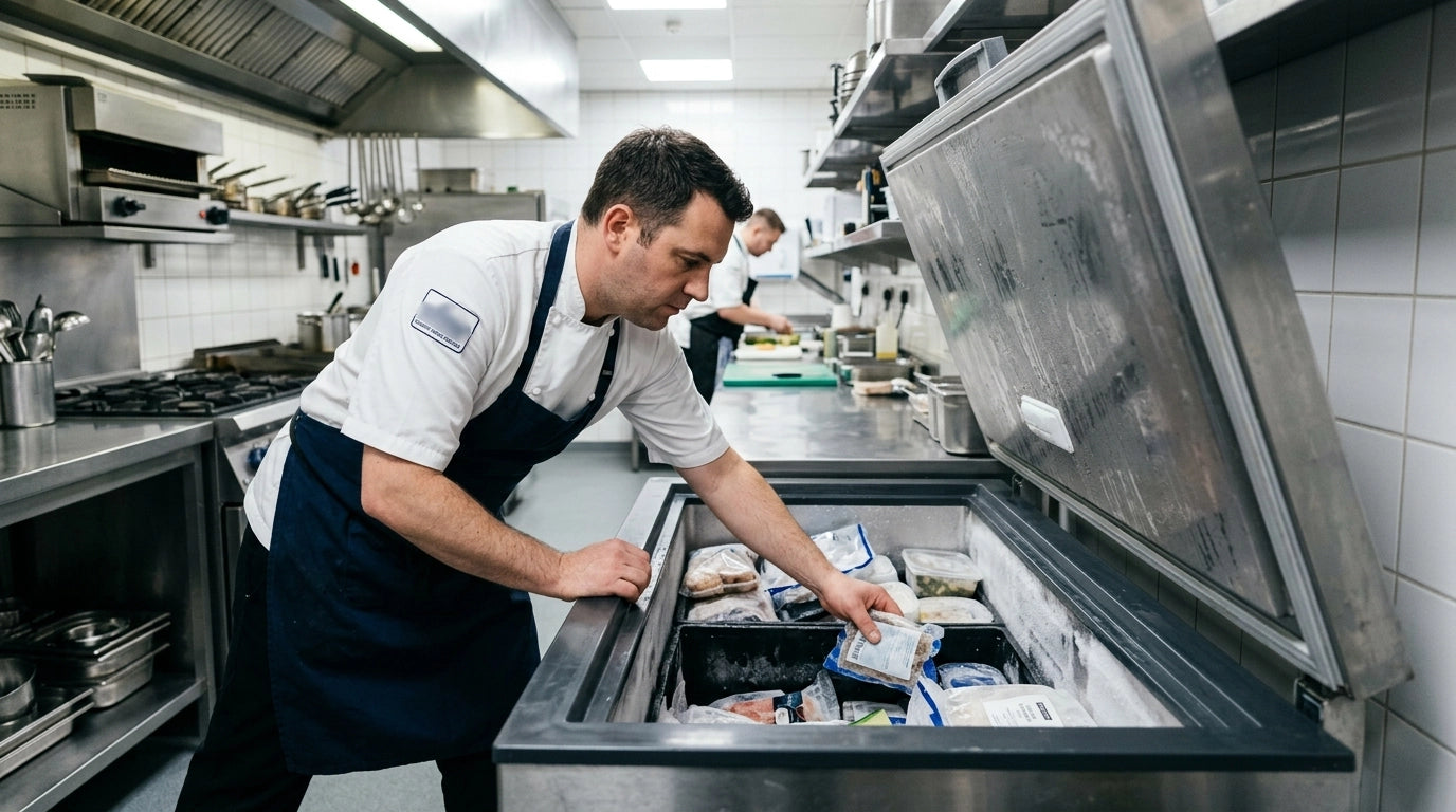 A professional chef reaching into a commercial chest freezer in a clean, organized kitchen setting.