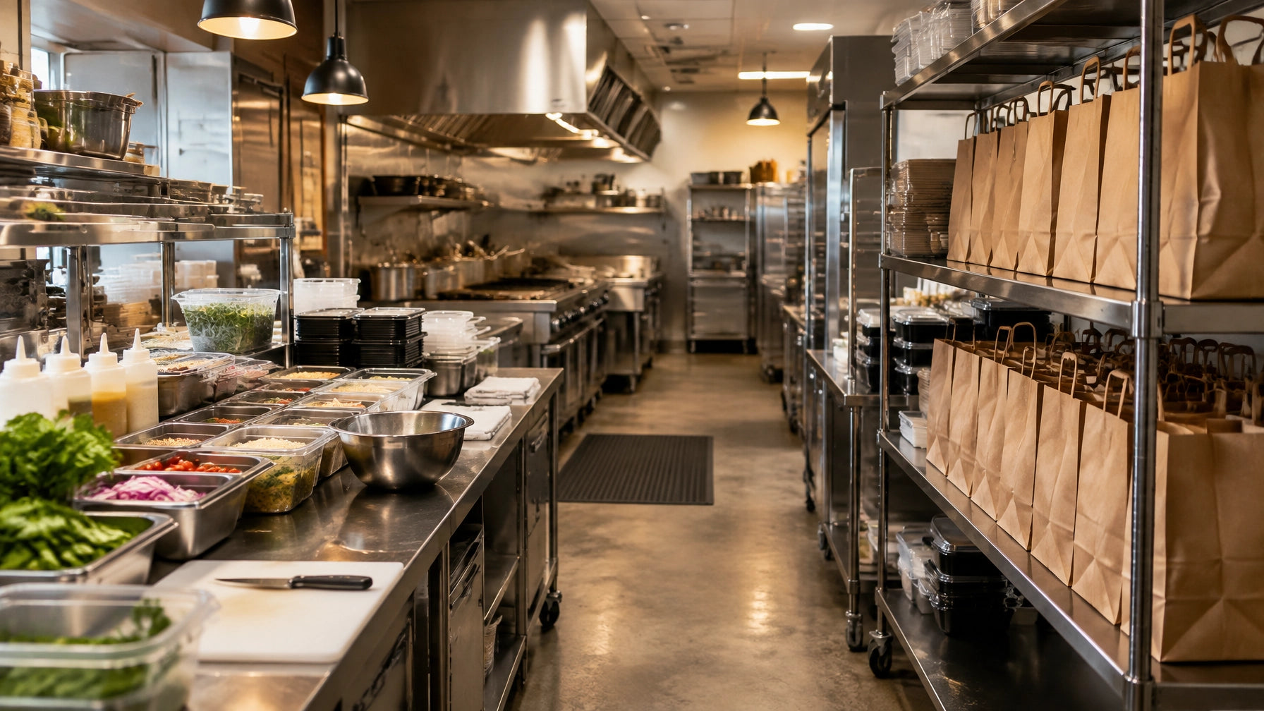 Ghost kitchen with stainless steel prep stations and shelves of unbranded delivery bags.