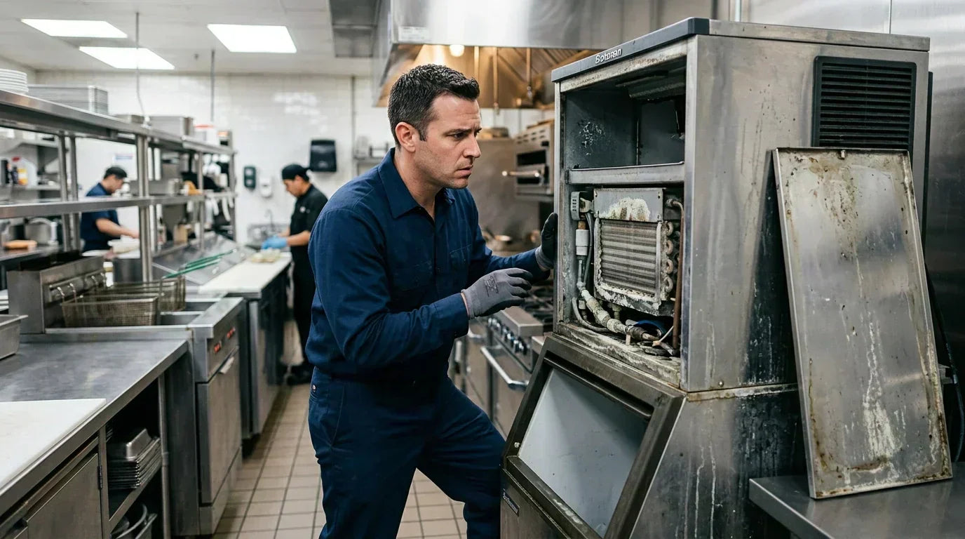 A professional service technician in a clean commercial kitchen looking at a used, slightly worn commercial ice machine with a look of concern
