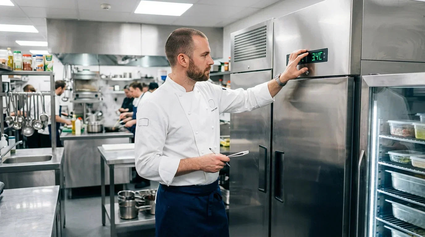 A professional chef checking the digital temperature display on a commercial refrigerator in a clean, modern kitchen environment