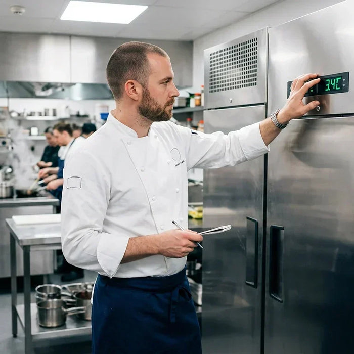 A professional chef checking the digital temperature display on a commercial refrigerator in a clean, modern kitchen environment
