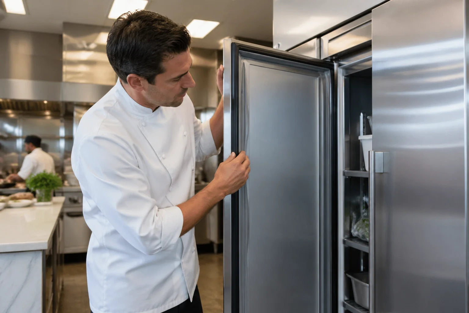 A professional chef calmly inspecting the door gasket of a commercial freezer in a busy kitchen to ensure proper cooling during service
