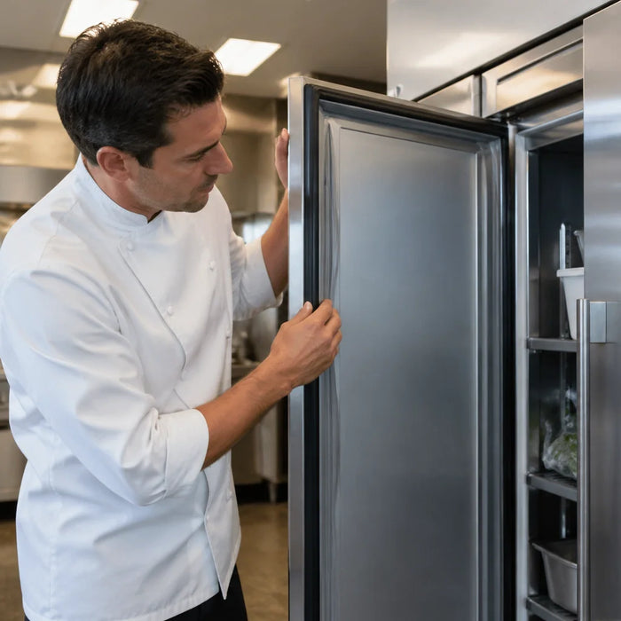 A professional chef calmly inspecting the door gasket of a commercial freezer in a busy kitchen to ensure proper cooling during service