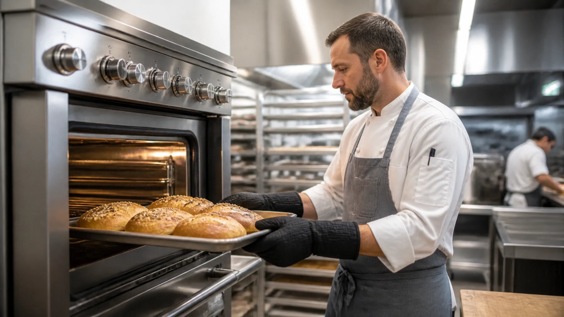 Stacked commercial convection ovens with sheet pans loaded on multiple racks in a restaurant cookline
