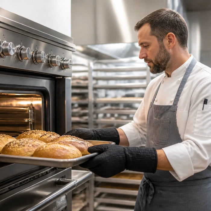 Stacked commercial convection ovens with sheet pans loaded on multiple racks in a restaurant cookline