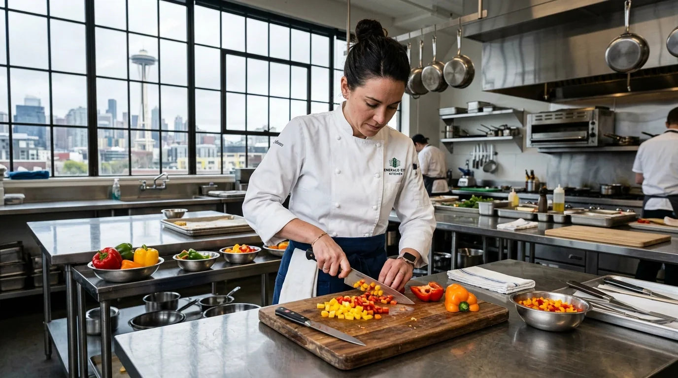 Chef dicing vegetables in a Seattle commercial kitchen