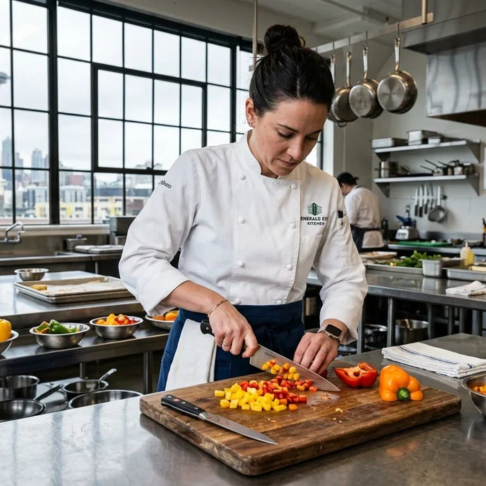 Chef dicing vegetables in a Seattle commercial kitchen
