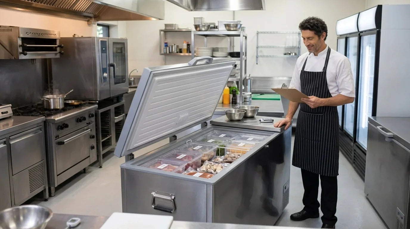 Full-body chef reviewing organized inventory beside an open stainless steel commercial chest freezer in a modern kitchen