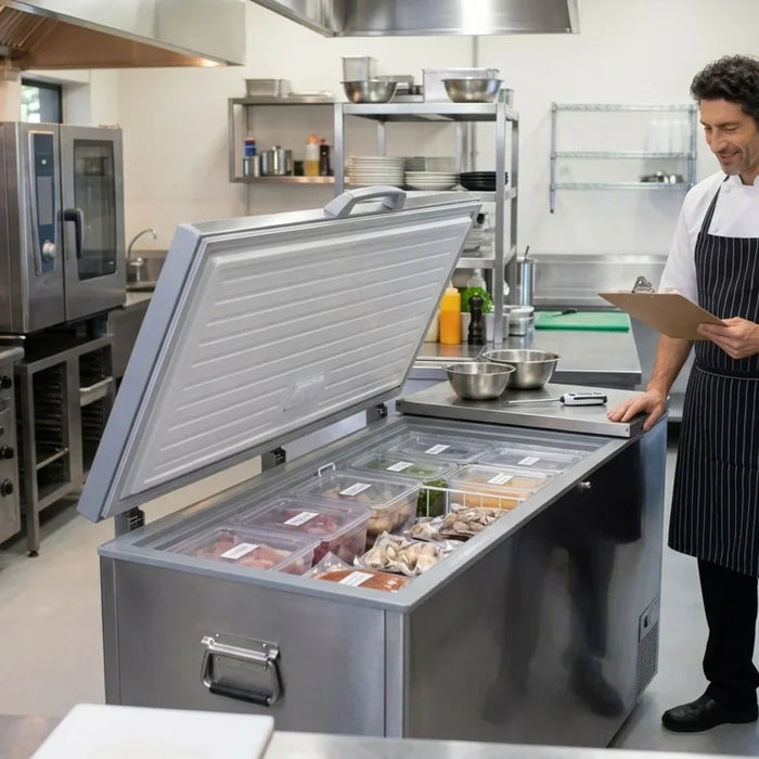 Full-body chef reviewing organized inventory beside an open stainless steel commercial chest freezer in a modern kitchen