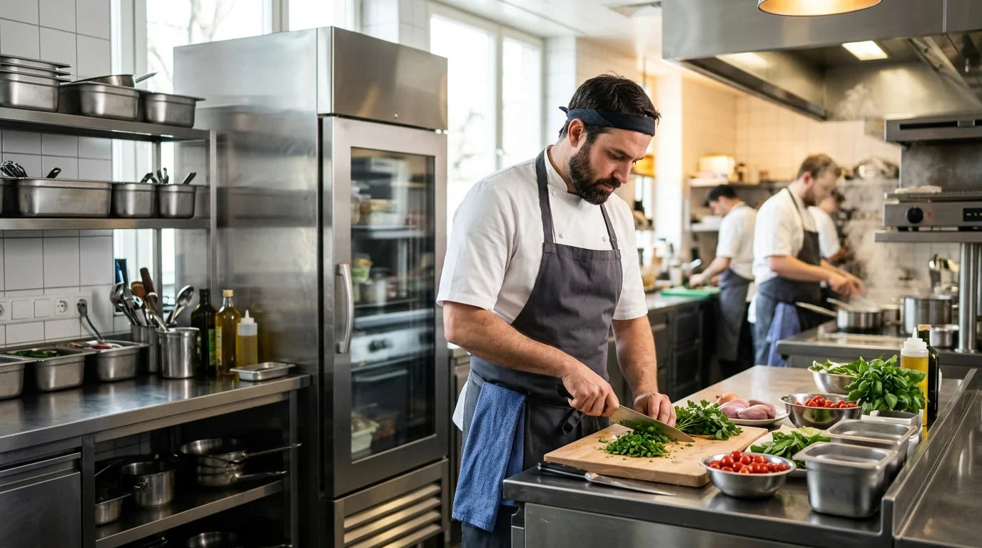 Professional chef in a modern commercial kitchen next to stainless steel refrigeration