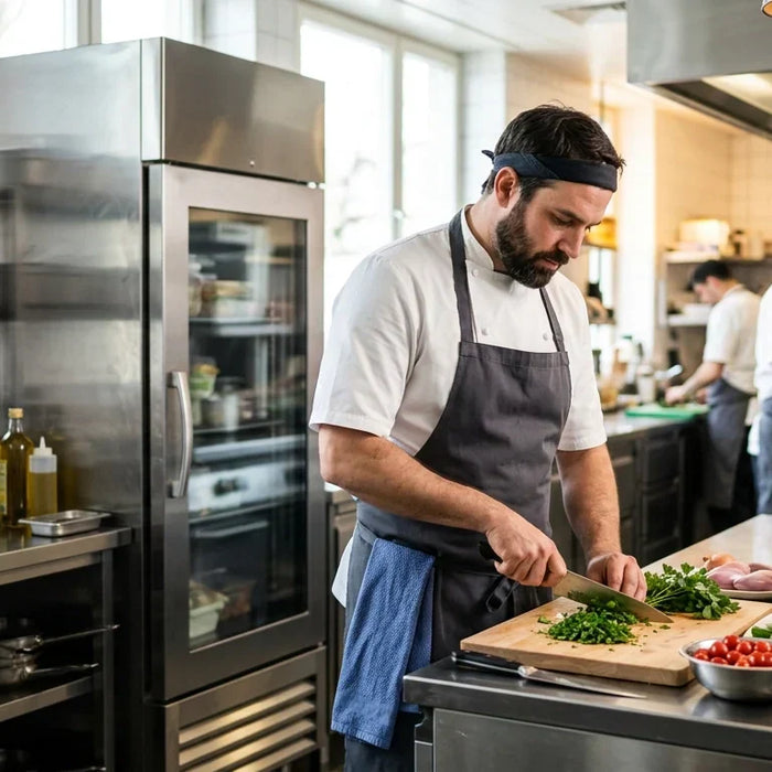 Professional chef in a modern commercial kitchen next to stainless steel refrigeration